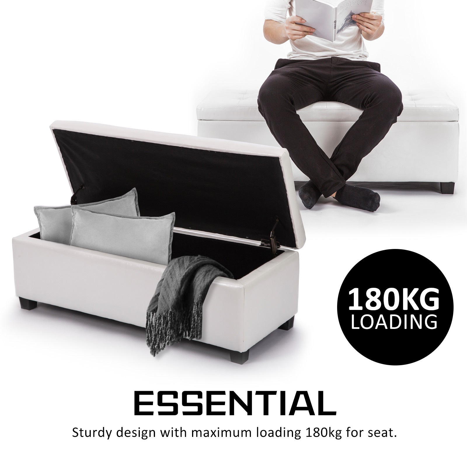 La Bella 102cm Snow White Storage Ottoman Stool Leather - Cosy Abode