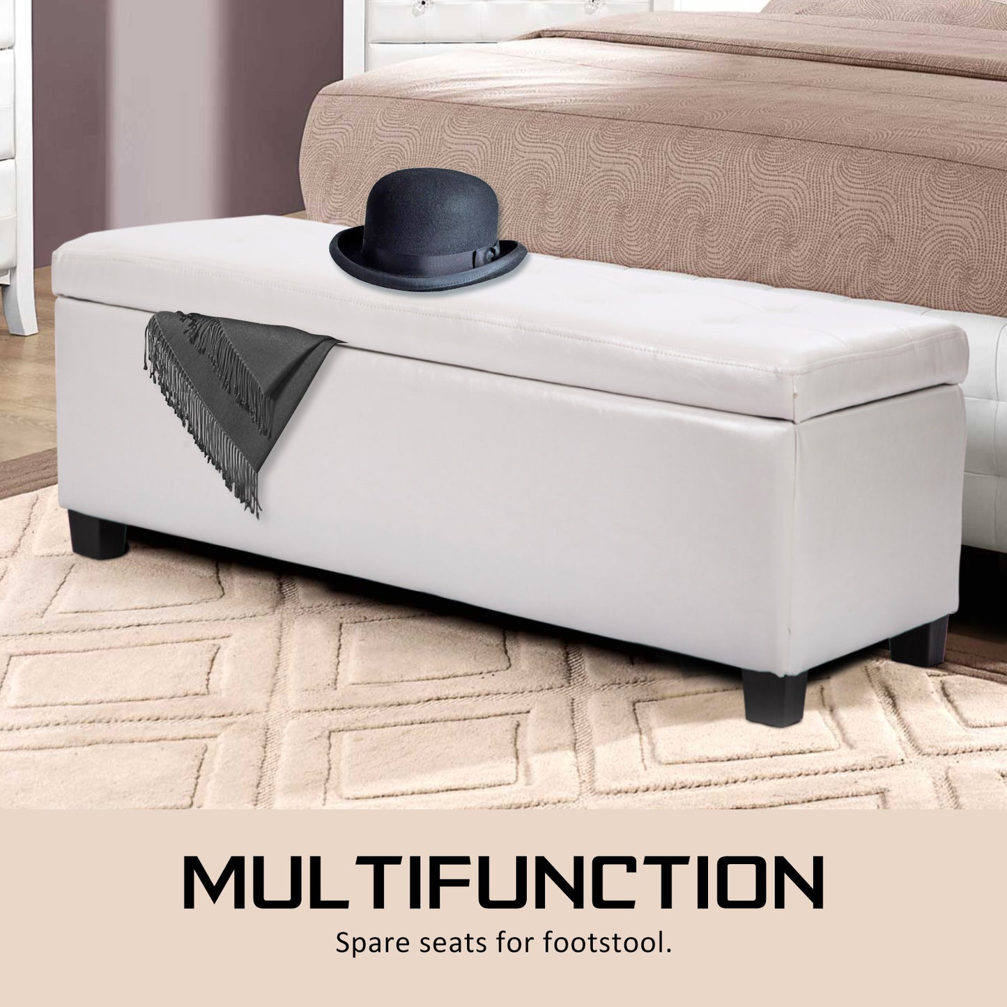 La Bella 102cm Snow White Storage Ottoman Stool Leather - Cosy Abode