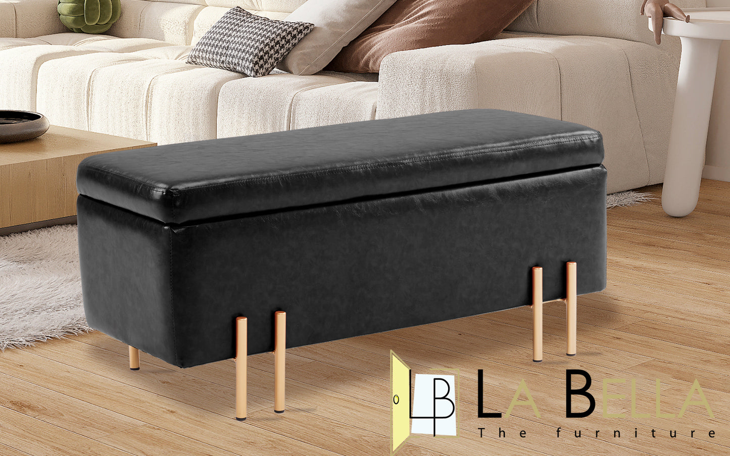 Storage Ottoman Stool Bench Seat 97cm PU Leather BLACK - Cosy Abode