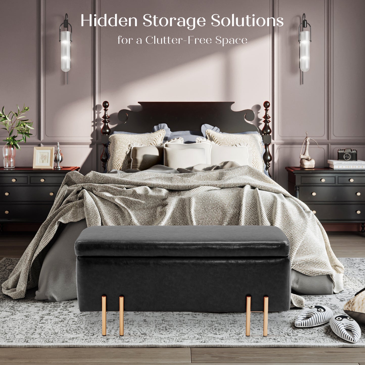 Storage Ottoman Stool Bench Seat 97cm PU Leather BLACK - Cosy Abode