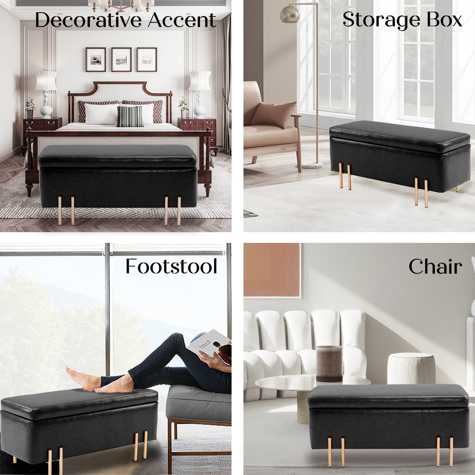 Storage Ottoman Stool Bench Seat 97cm PU Leather BLACK - Cosy Abode