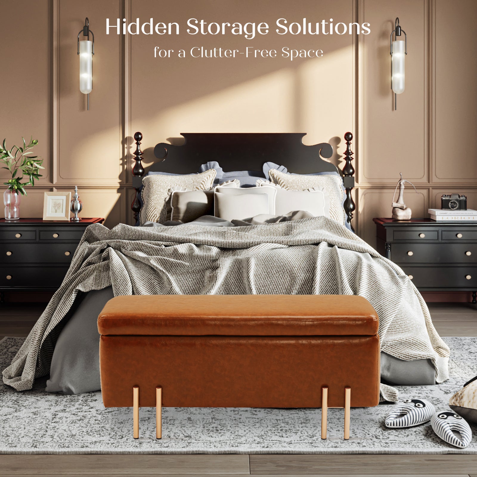 Storage Ottoman Stool Bench Seat 97cm PU Leather BROWN - Cosy Abode