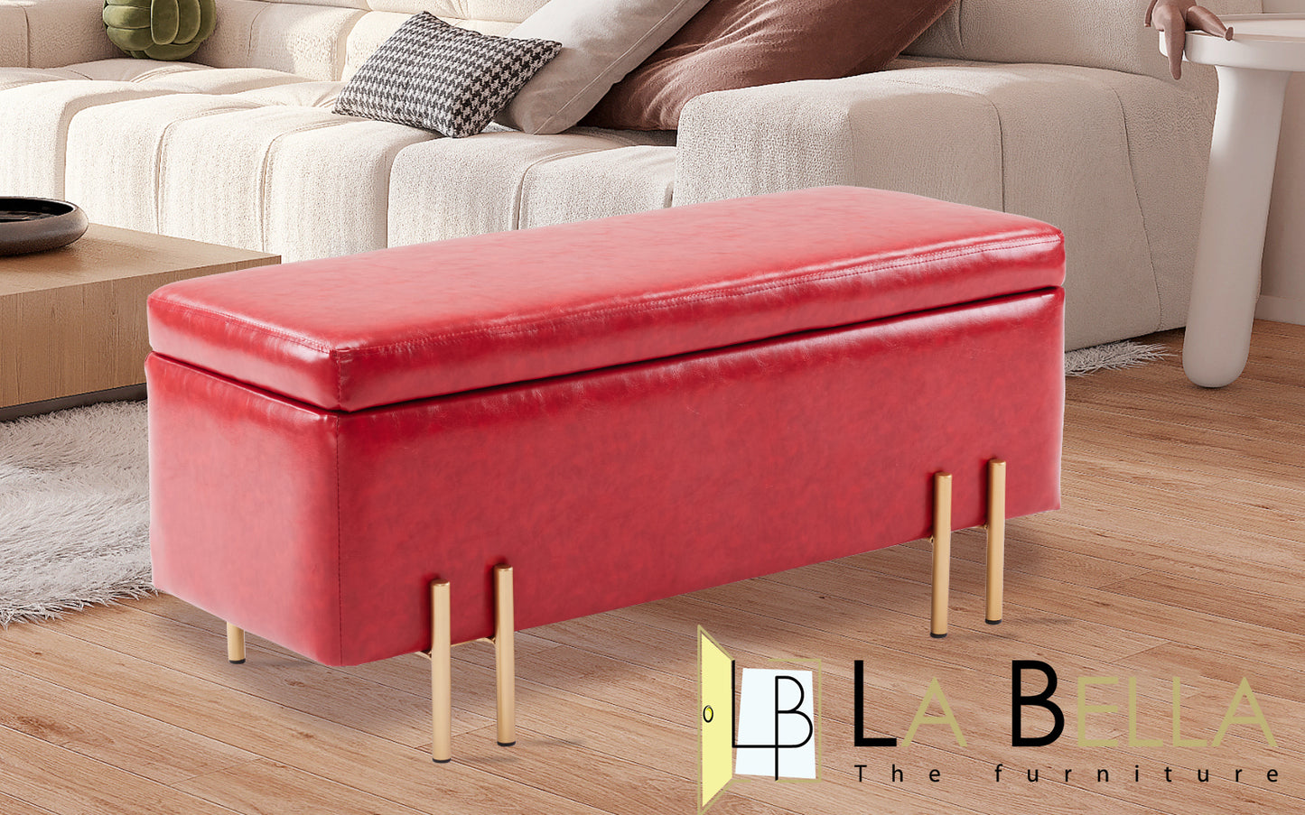 Storage Ottoman Stool Bench Seat 97cm PU Leather RED - Cosy Abode