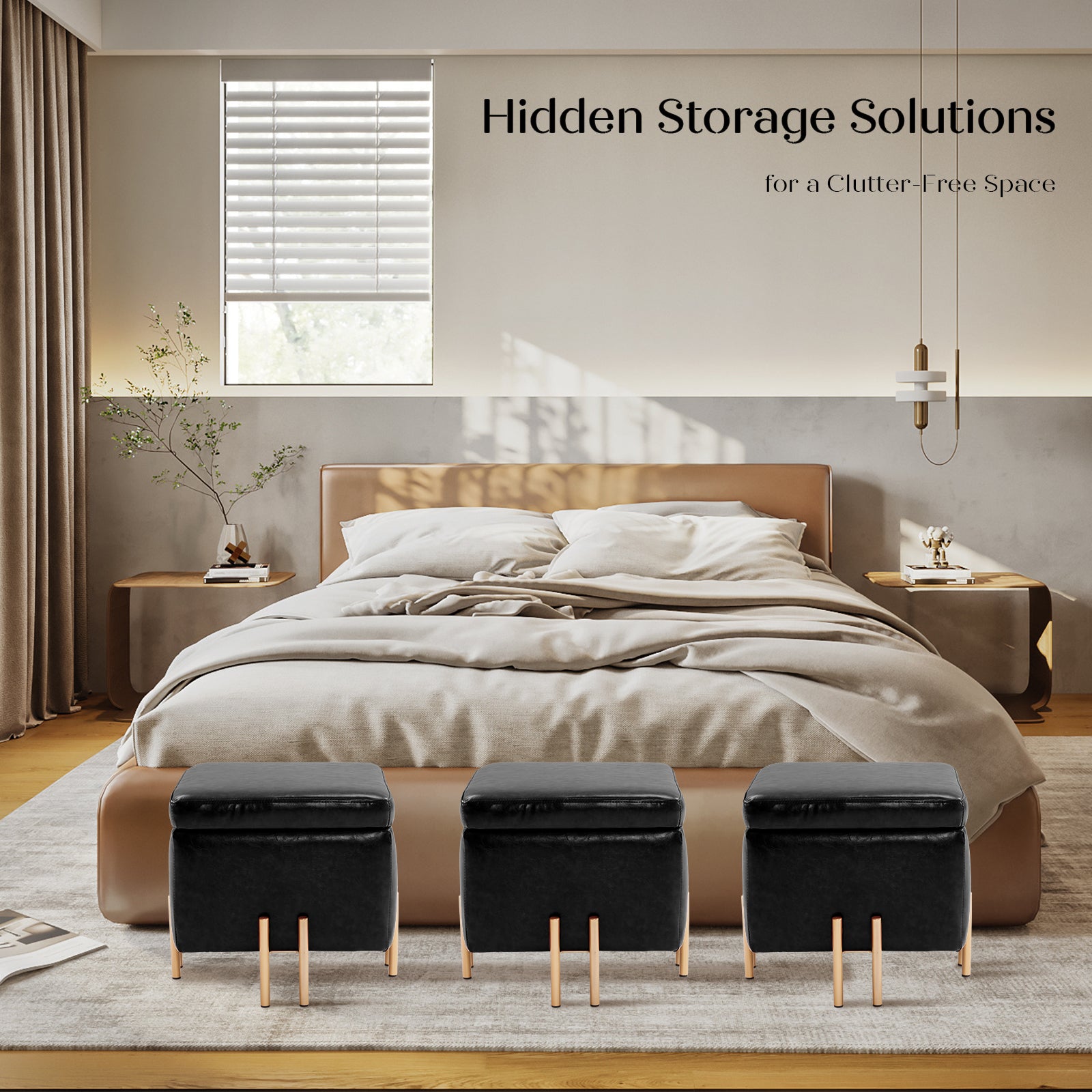 Storage Ottoman Foot Stool Cube Tuffet Seat 45cm PU Leather BLACK - Cosy Abode