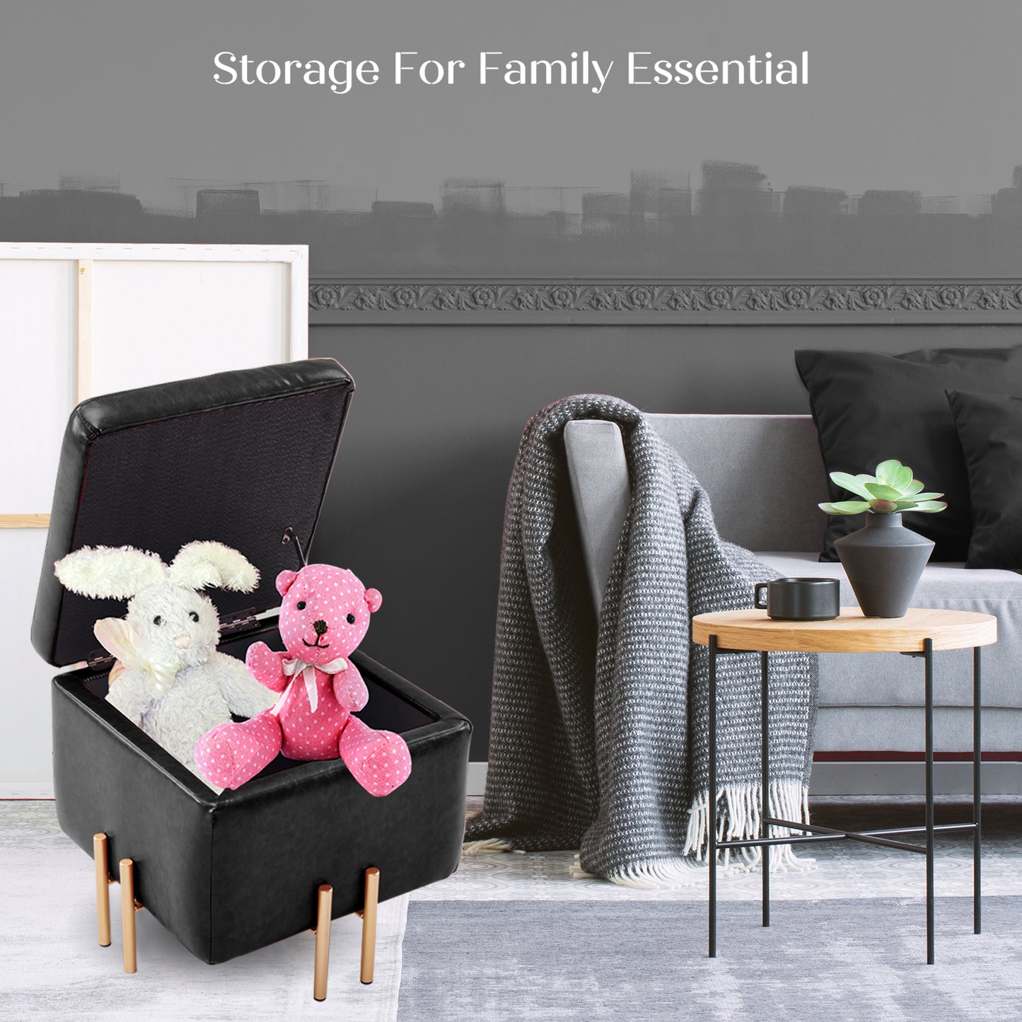 Storage Ottoman Foot Stool Cube Tuffet Seat 45cm PU Leather BLACK - Cosy Abode