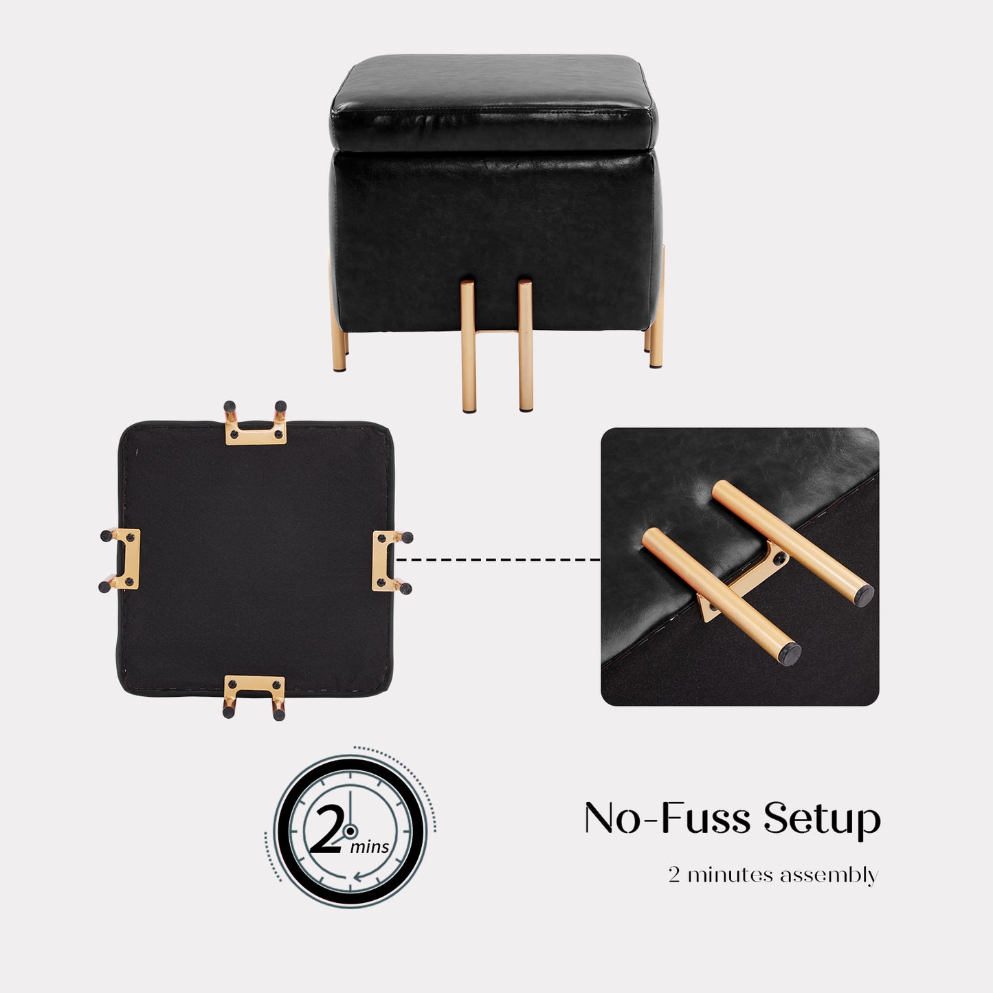 Storage Ottoman Foot Stool Cube Tuffet Seat 45cm PU Leather BLACK - Cosy Abode