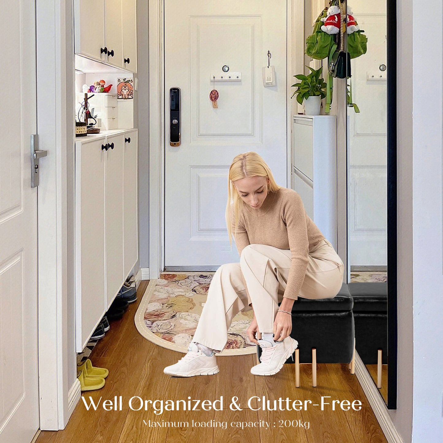 Storage Ottoman Foot Stool Cube Tuffet Seat 45cm PU Leather BLACK - Cosy Abode