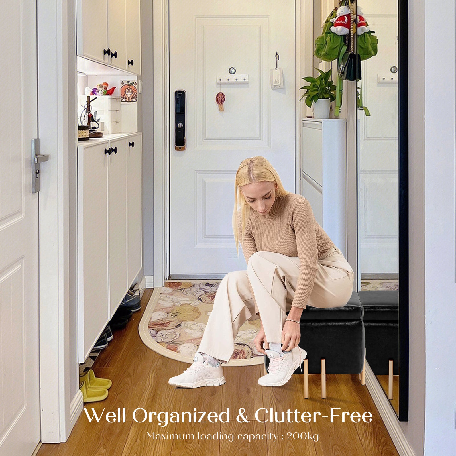 Storage Ottoman Foot Stool Cube Tuffet Seat 45cm PU Leather BLACK - Cosy Abode