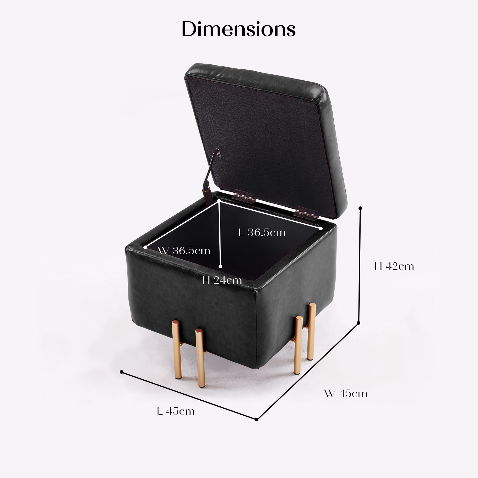 Storage Ottoman Foot Stool Cube Tuffet Seat 45cm PU Leather BLACK - Cosy Abode