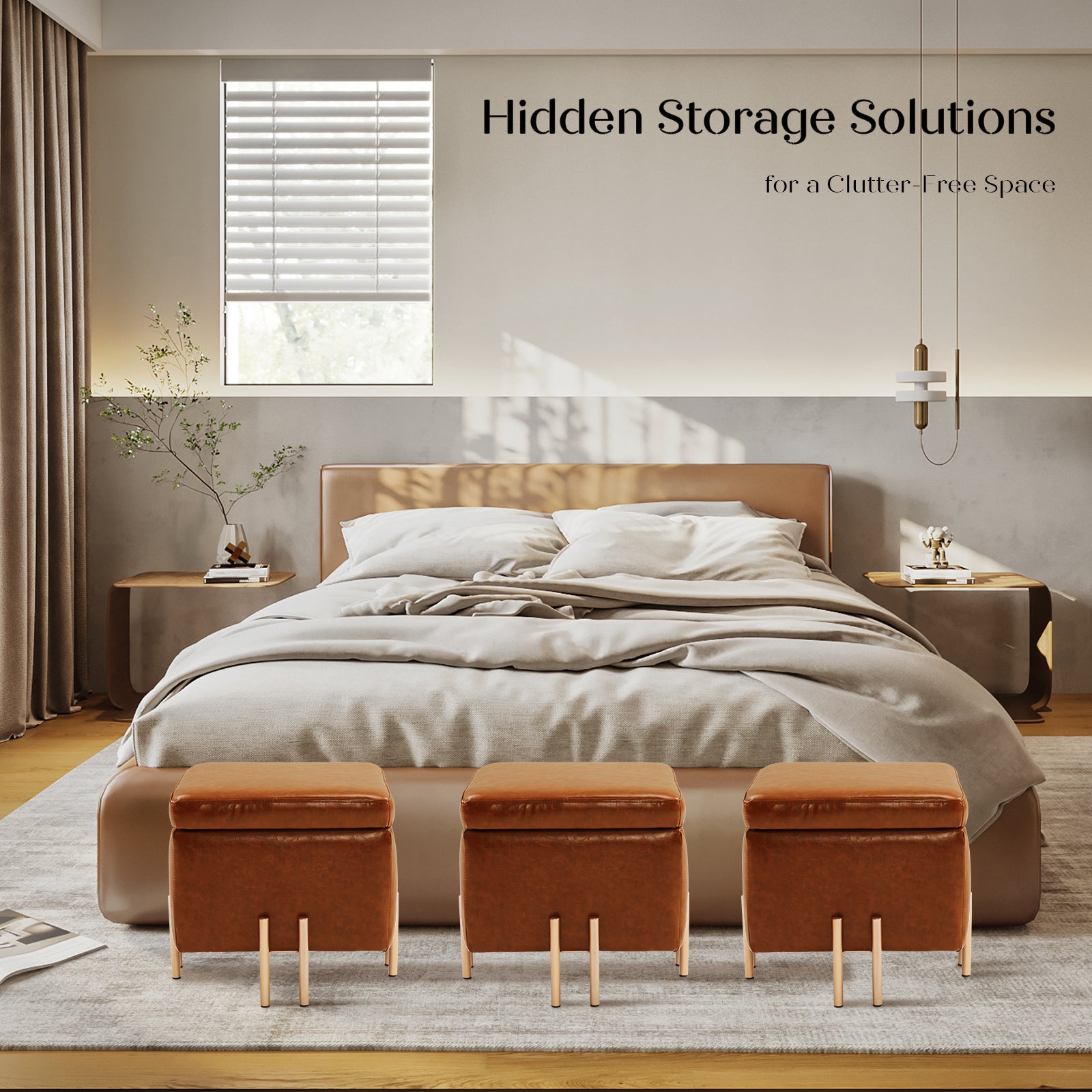 Storage Ottoman Foot Stool Cube Tuffet Seat 45cm PU Leather BROWN - Cosy Abode