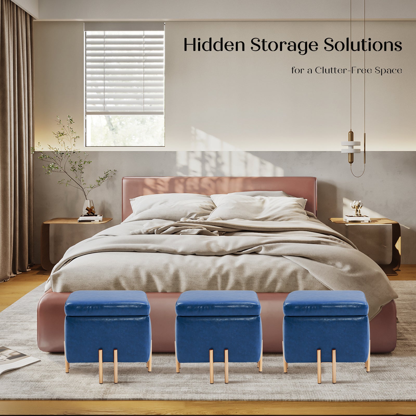 Storage Ottoman Foot Stool Cube Tuffet Seat 45cm PU Leather BLUE - Cosy Abode