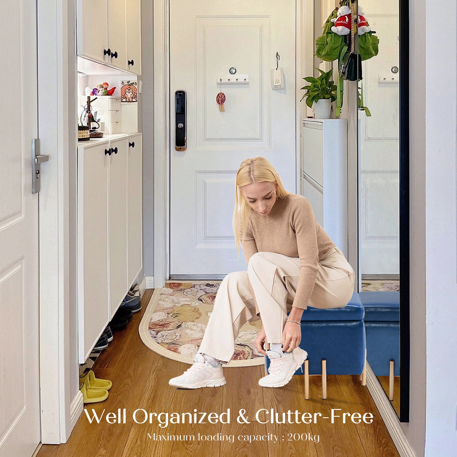 Storage Ottoman Foot Stool Cube Tuffet Seat 45cm PU Leather BLUE - Cosy Abode