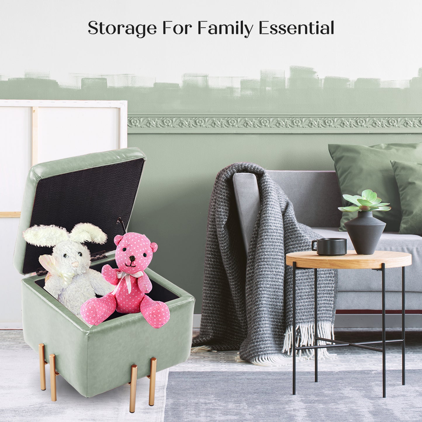 Storage Ottoman Foot Stool Cube Tuffet Seat 45cm PU Leather GREEN - Cosy Abode