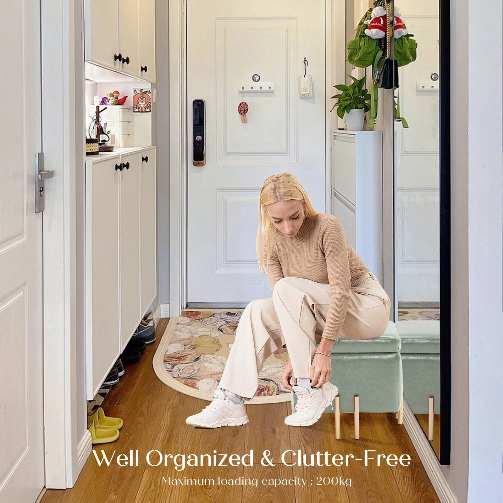 Storage Ottoman Foot Stool Cube Tuffet Seat 45cm PU Leather GREEN - Cosy Abode