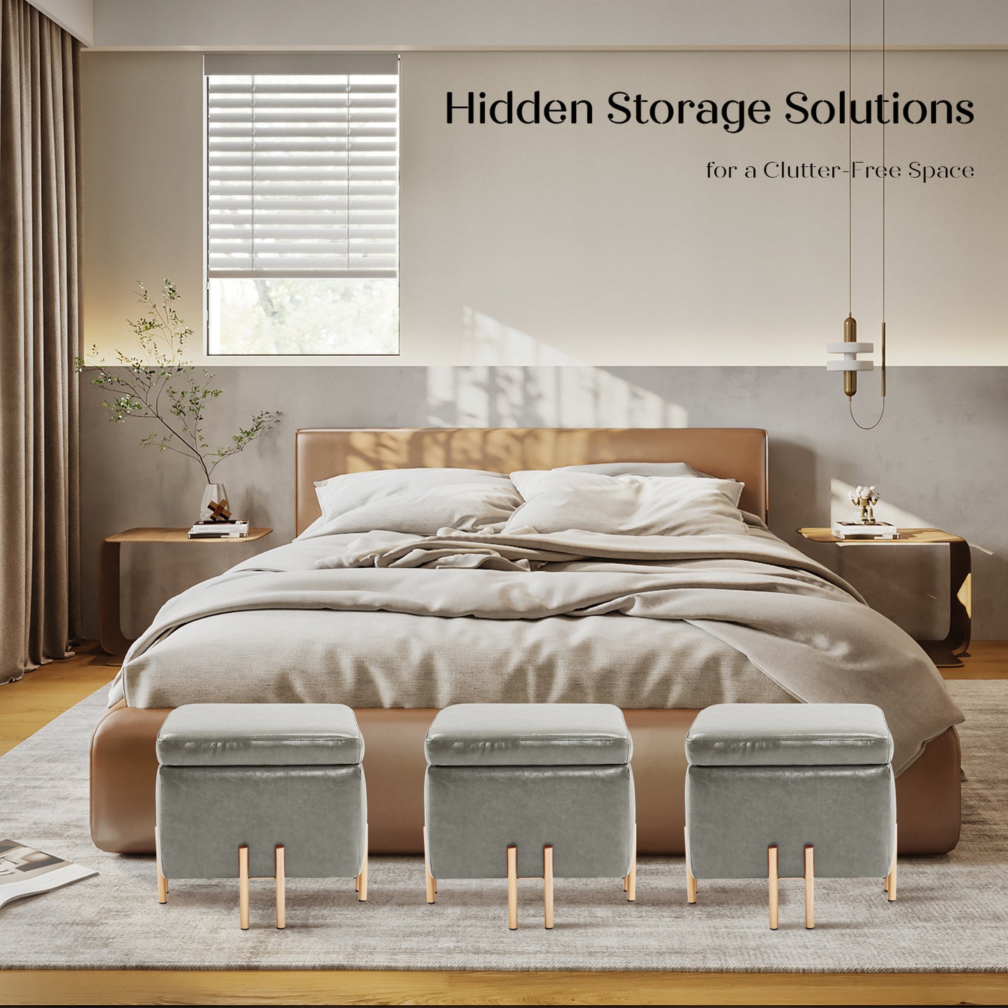 Storage Ottoman Foot Stool Cube Tuffet Seat 45cm PU Leather GREY - Cosy Abode