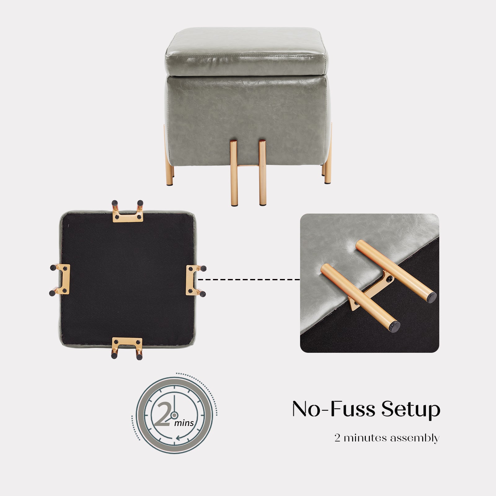 Storage Ottoman Foot Stool Cube Tuffet Seat 45cm PU Leather GREY - Cosy Abode