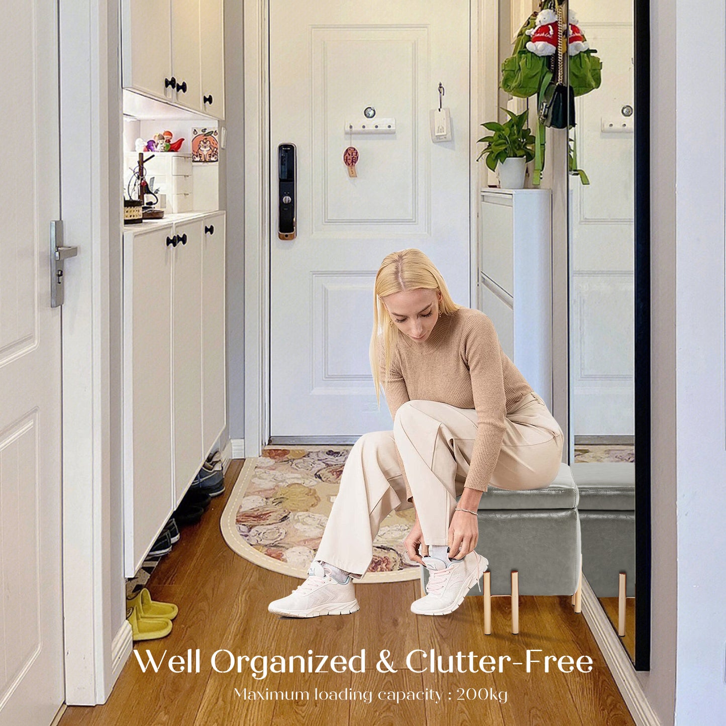 Storage Ottoman Foot Stool Cube Tuffet Seat 45cm PU Leather GREY - Cosy Abode