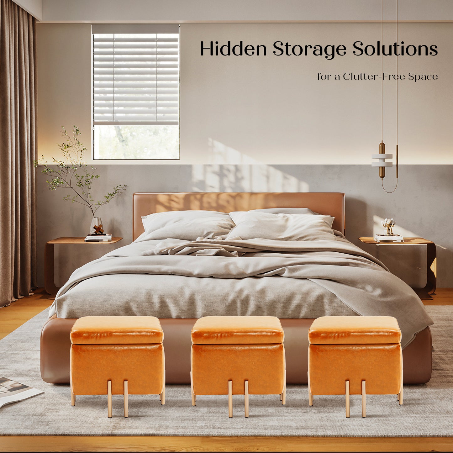 Storage Ottoman Foot Stool Cube Tuffet Seat 45cm PU Leather LIGHT BROWN - Cosy Abode