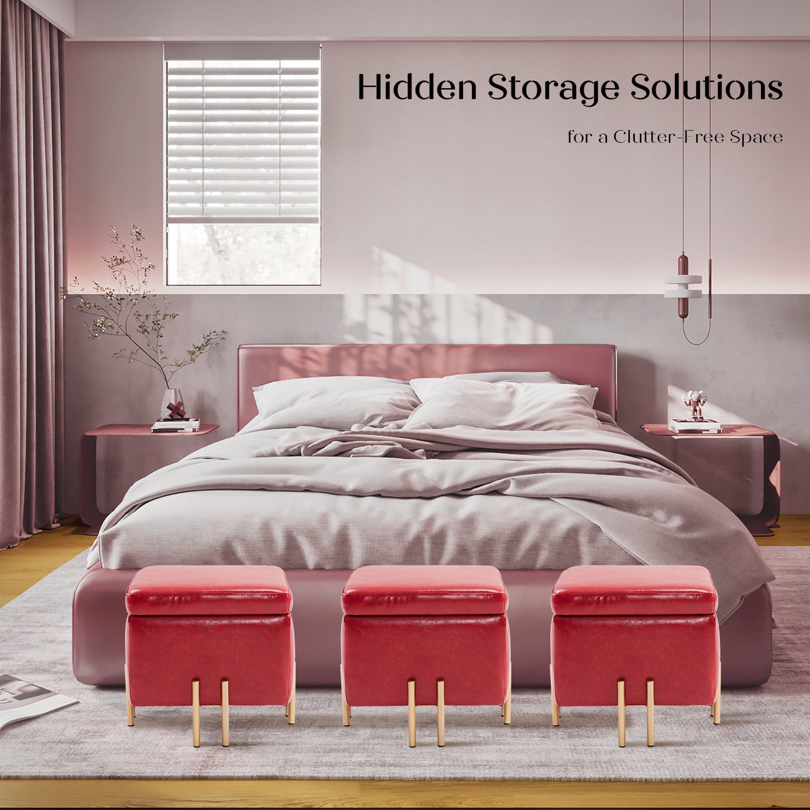 Storage Ottoman Foot Stool Cube Tuffet Seat 45cm PU Leather RED - Cosy Abode