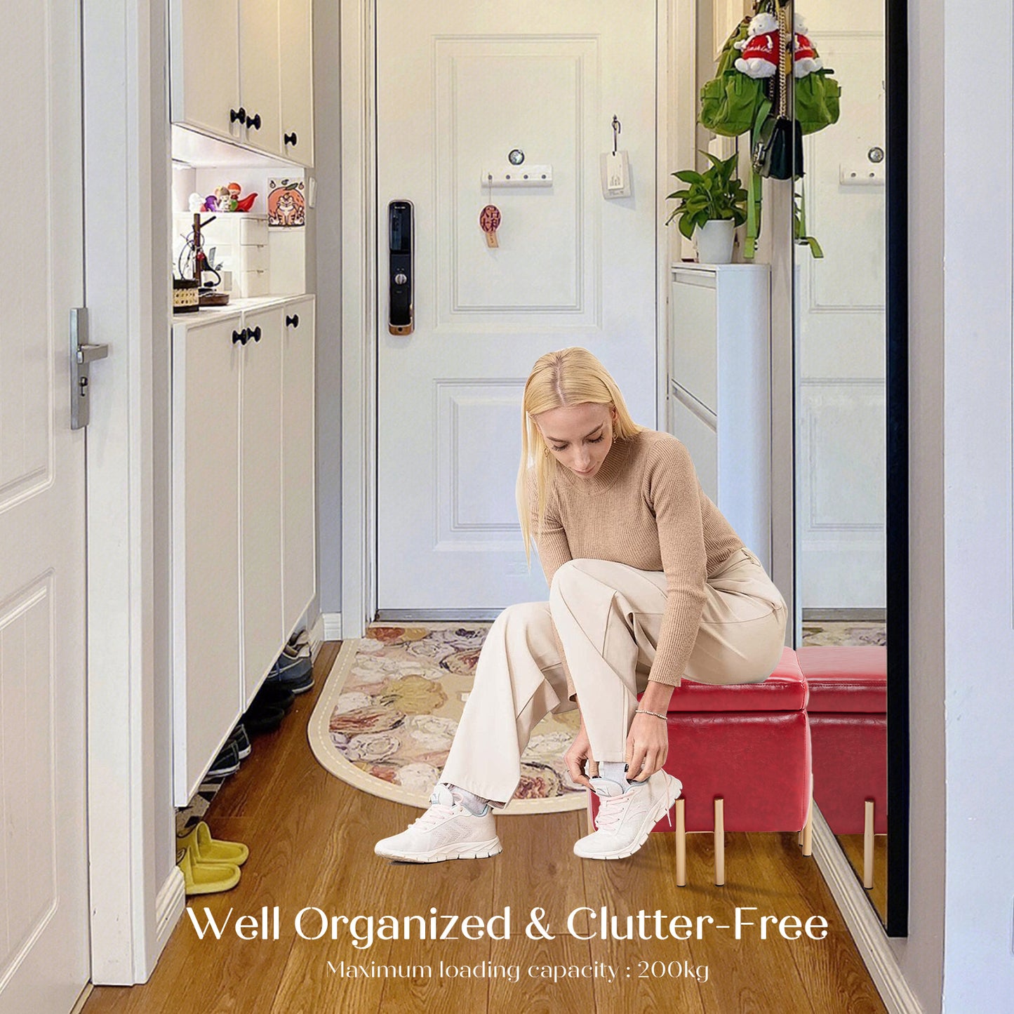 Storage Ottoman Foot Stool Cube Tuffet Seat 45cm PU Leather RED - Cosy Abode