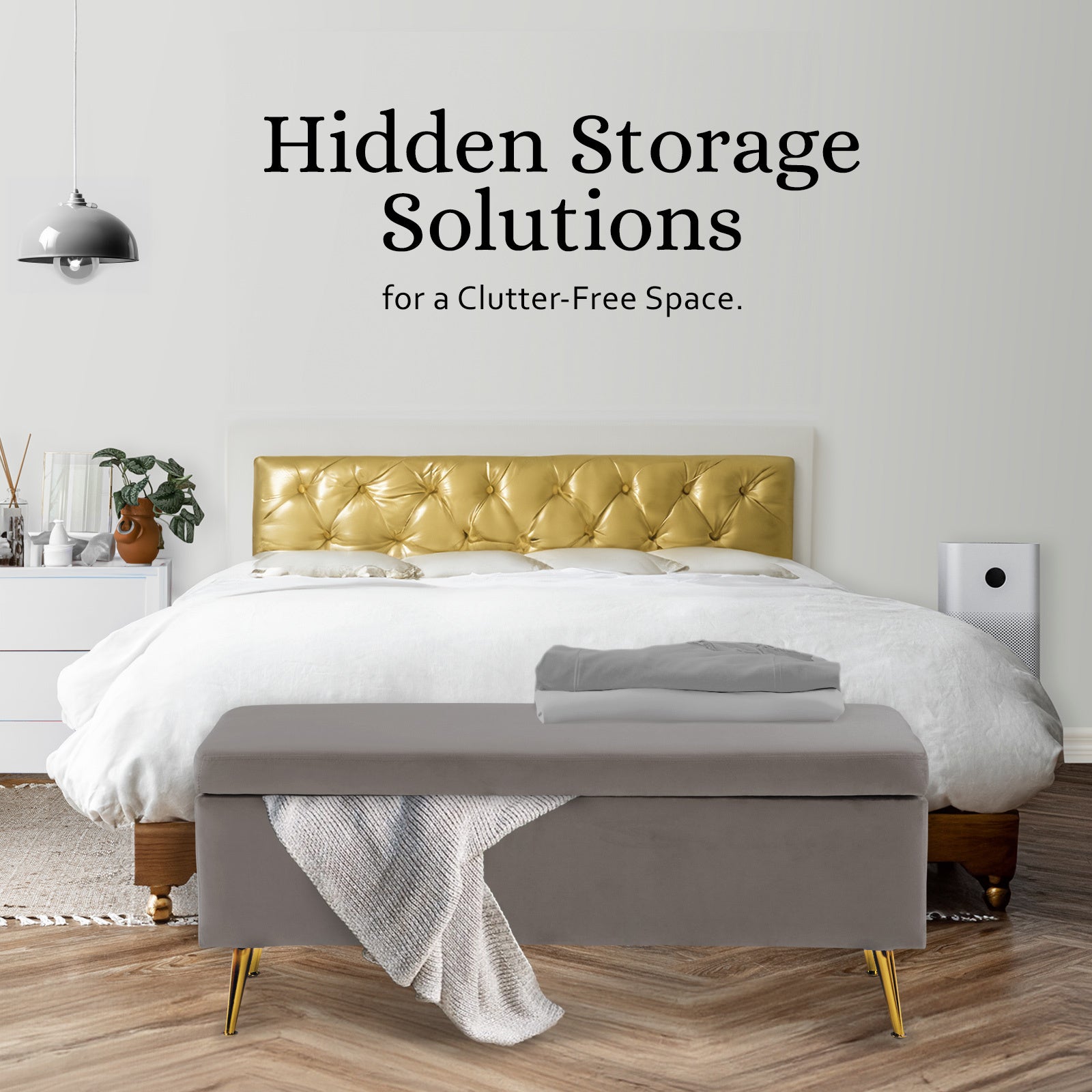 Storage Ottoman Stool Bench Seat 110cm Velvet GREY - Cosy Abode