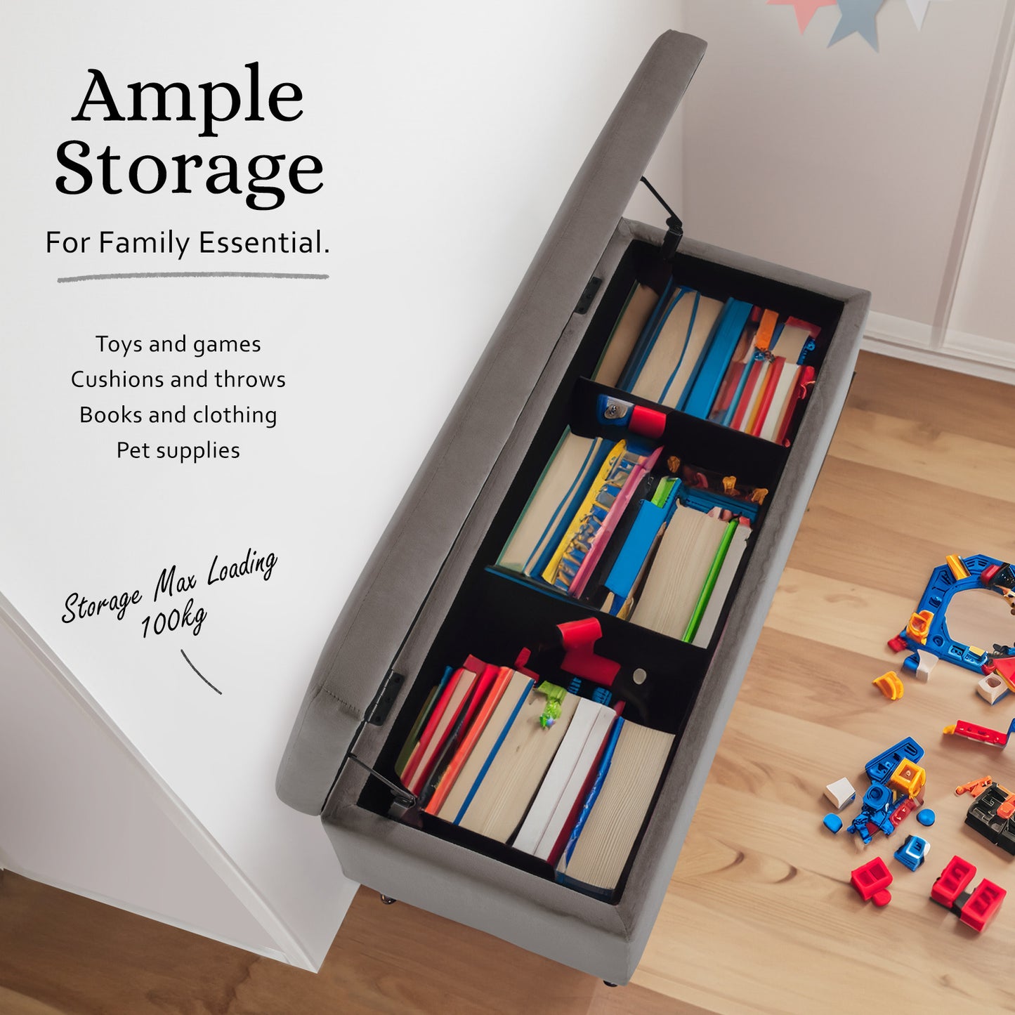 Storage Ottoman Stool Bench Seat 110cm Velvet GREY - Cosy Abode