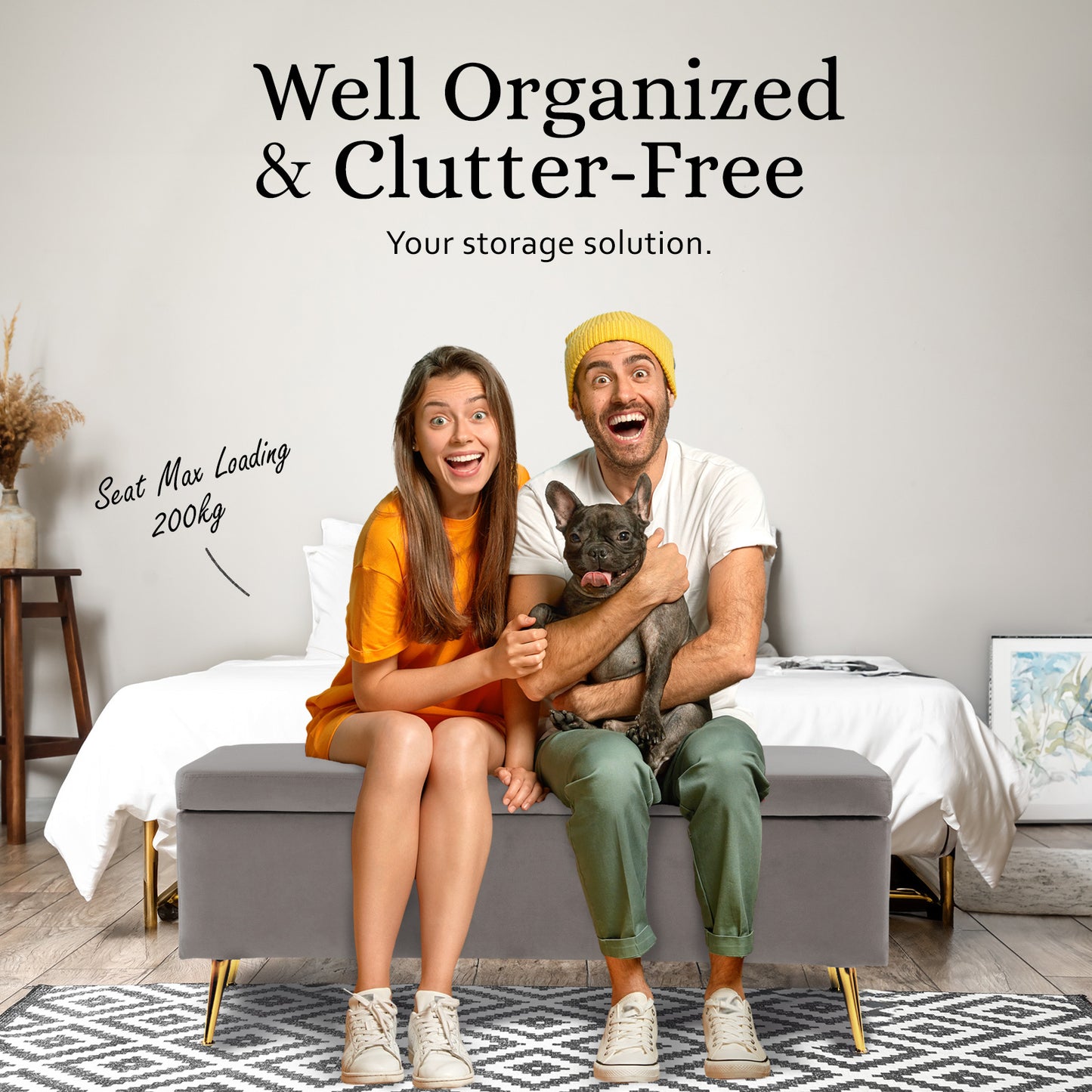 Storage Ottoman Stool Bench Seat 110cm Velvet GREY - Cosy Abode