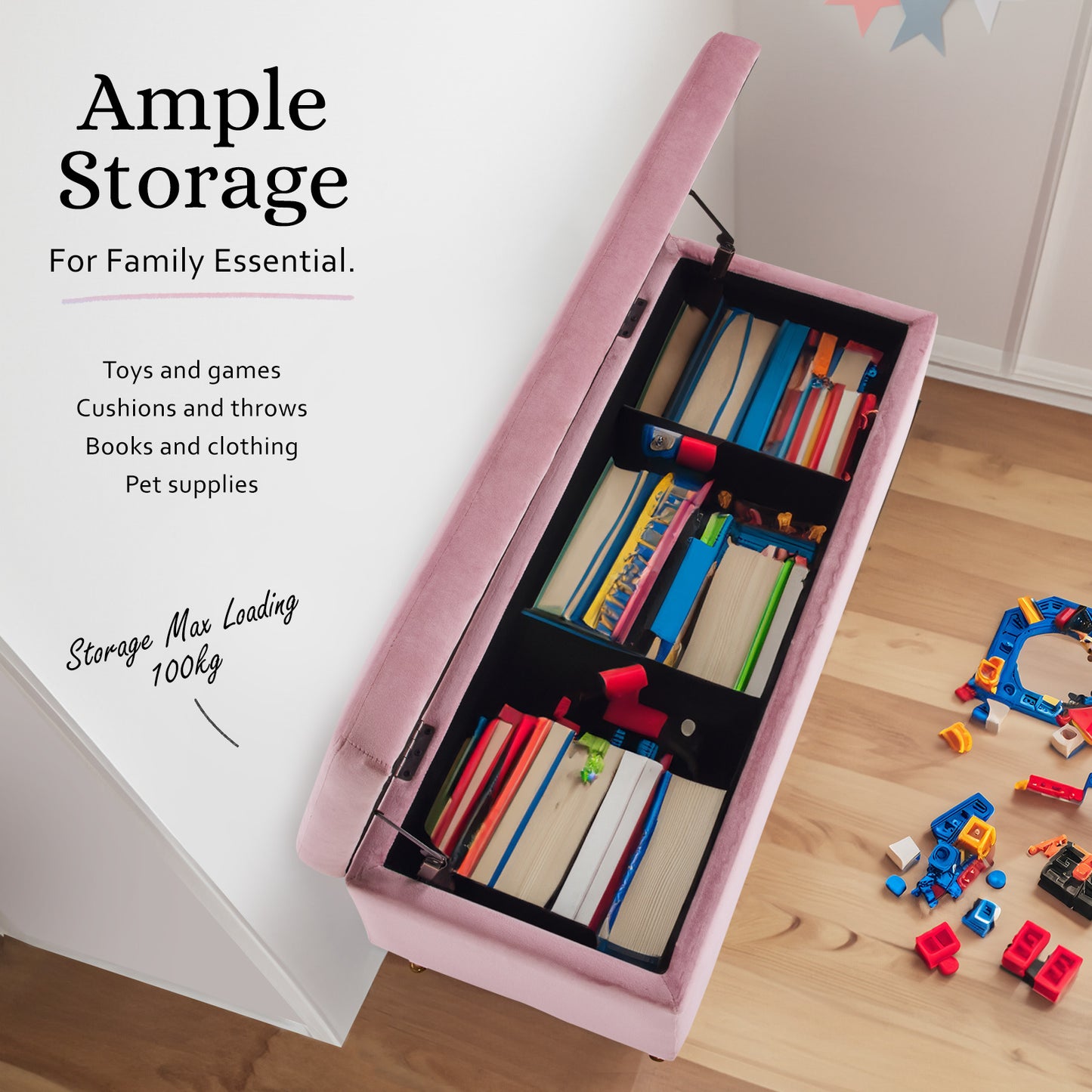 Storage Ottoman Stool Bench Seat 110cm Velvet PINK - Cosy Abode