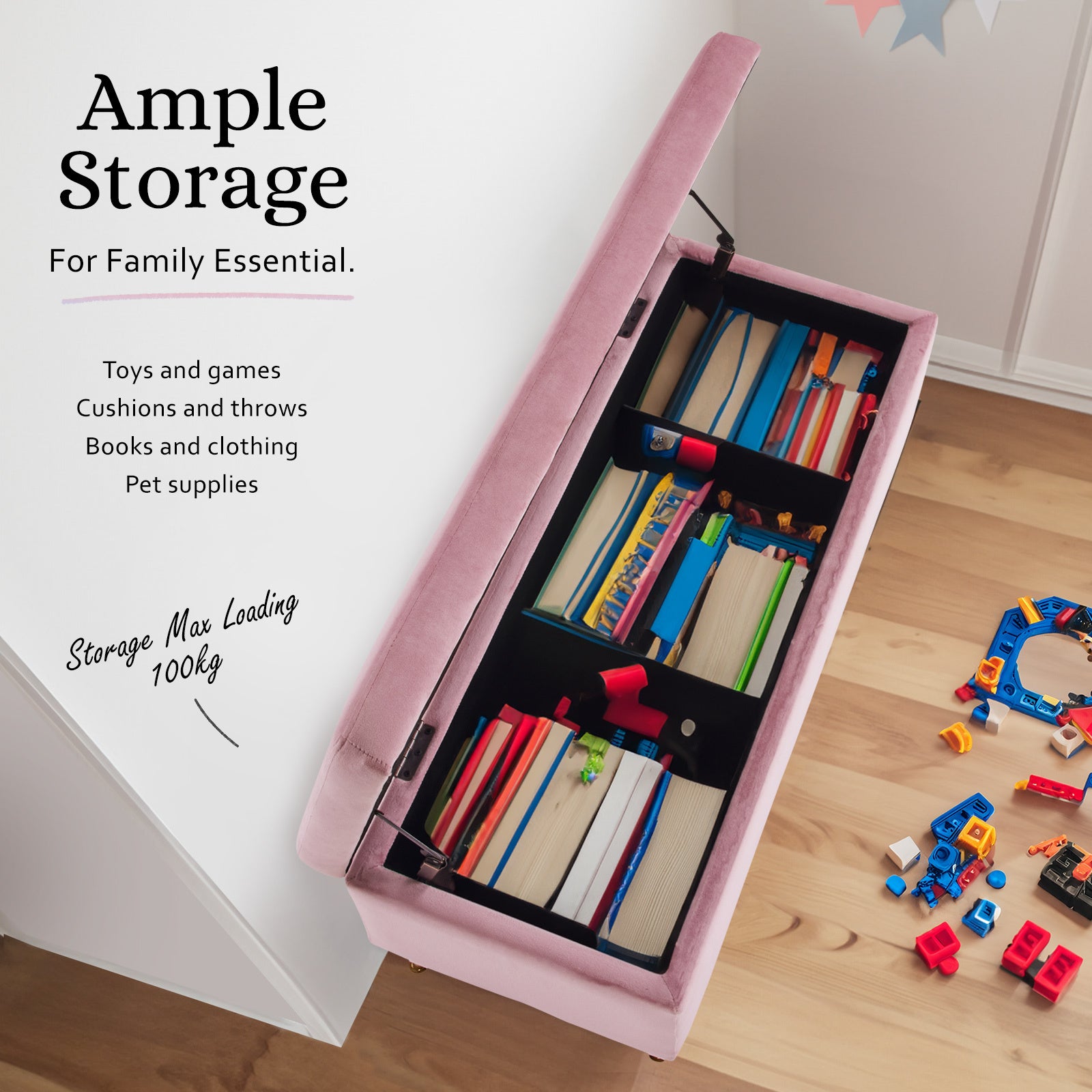 Storage Ottoman Stool Bench Seat 110cm Velvet PINK - Cosy Abode