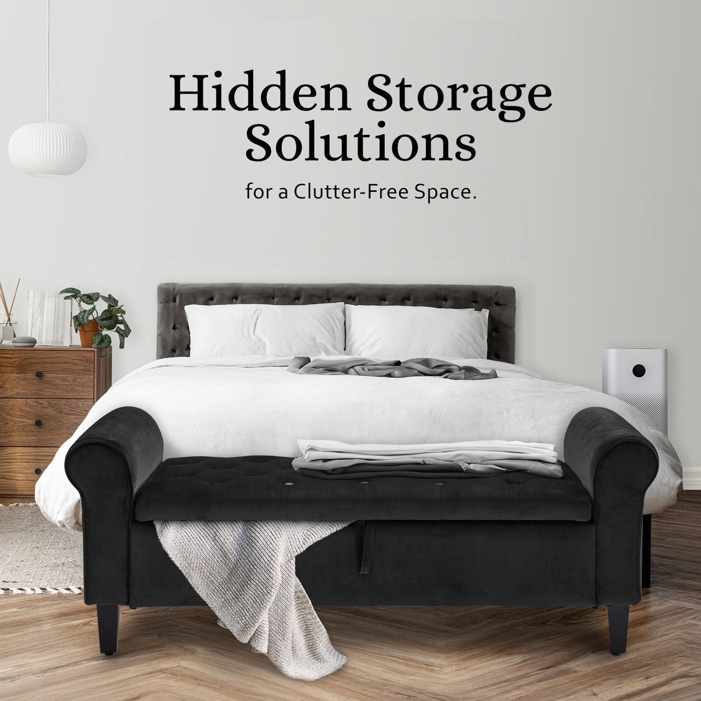 Storage Ottoman Stool Arm Bench Seat 132cm Velvet BLACK - Cosy Abode