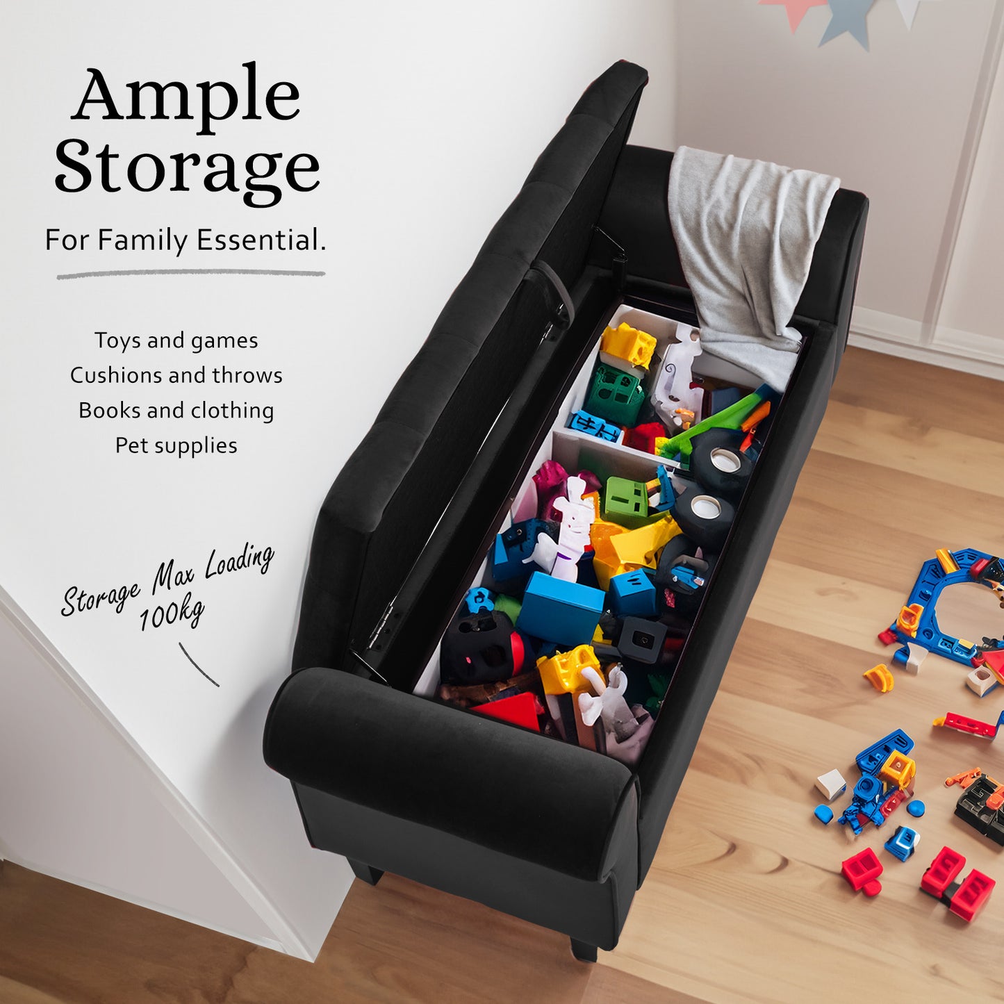 Storage Ottoman Stool Arm Bench Seat 132cm Velvet BLACK - Cosy Abode