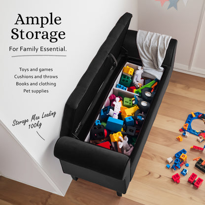 Storage Ottoman Stool Arm Bench Seat 132cm Velvet BLACK - Cosy Abode