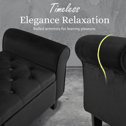 Storage Ottoman Stool Arm Bench Seat 132cm Velvet BLACK - Cosy Abode