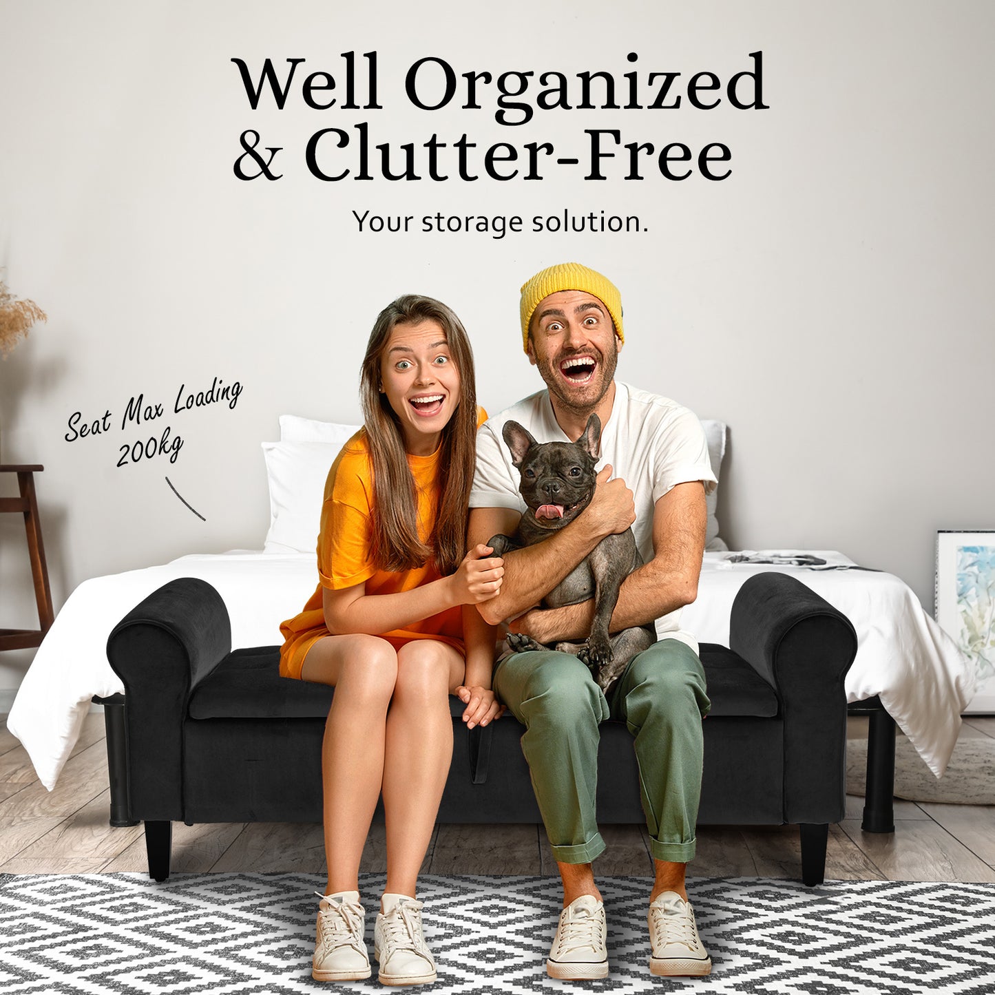 Storage Ottoman Stool Arm Bench Seat 132cm Velvet BLACK - Cosy Abode