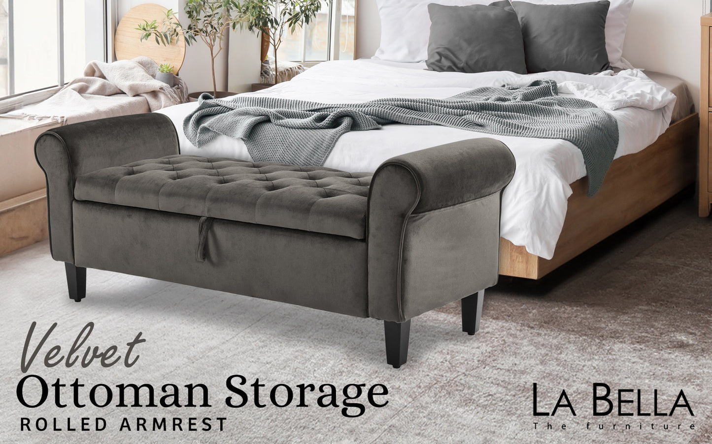 Storage Ottoman Stool Arm Bench Seat 132cm Velvet GREY - Cosy Abode