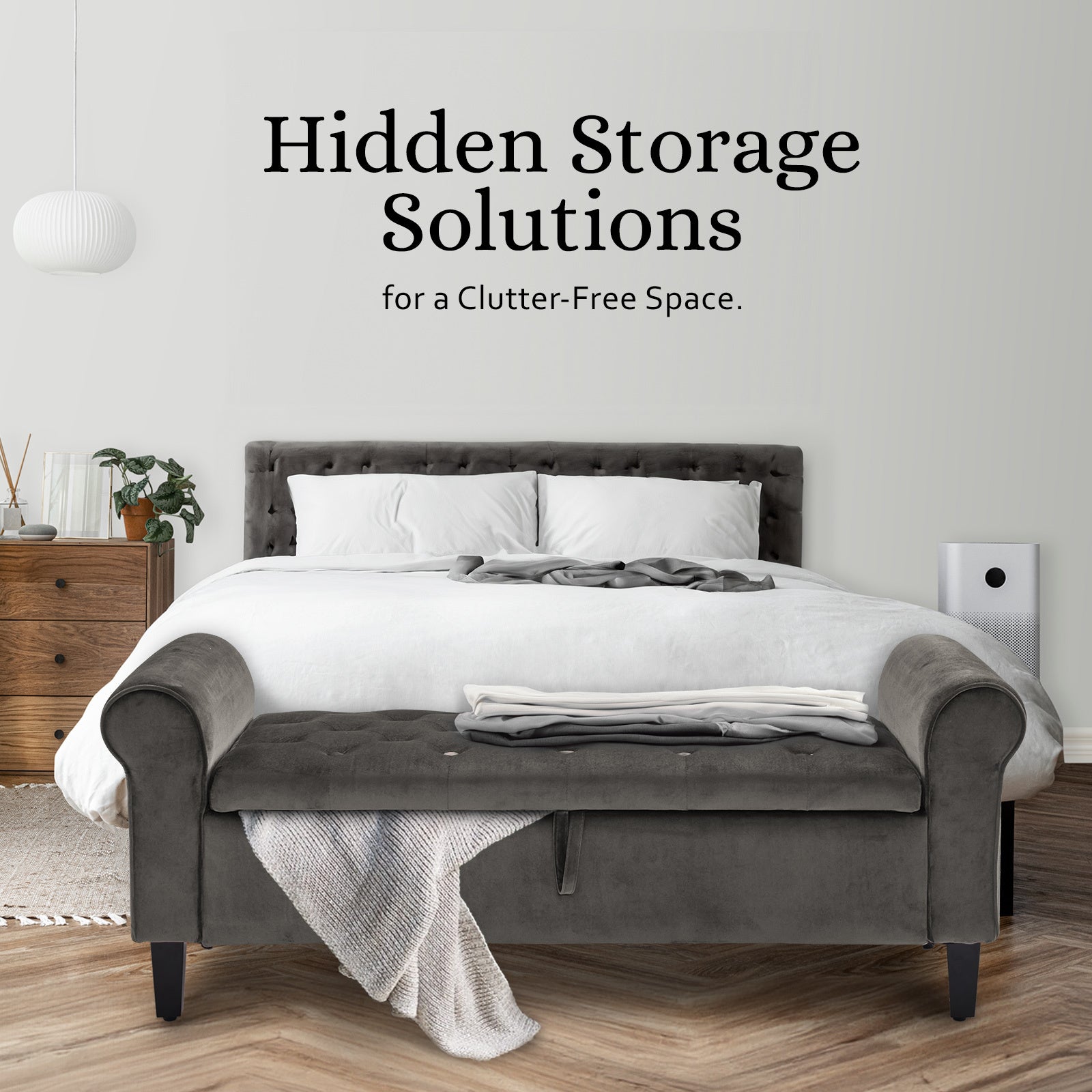 Storage Ottoman Stool Arm Bench Seat 132cm Velvet GREY - Cosy Abode