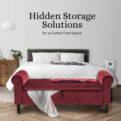 Storage Ottoman Stool Arm Bench Seat 132cm Velvet RED - Cosy Abode