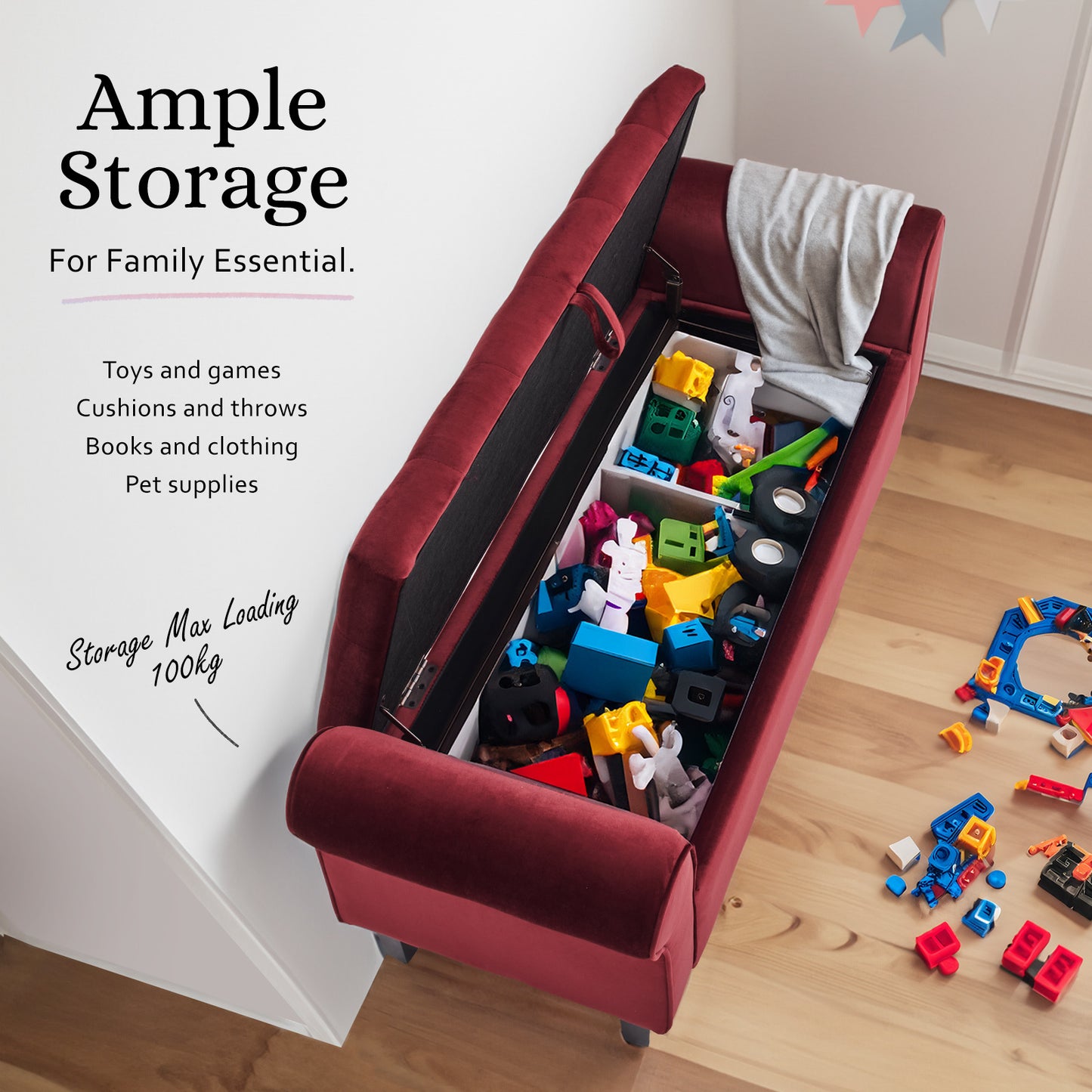 Storage Ottoman Stool Arm Bench Seat 132cm Velvet RED - Cosy Abode