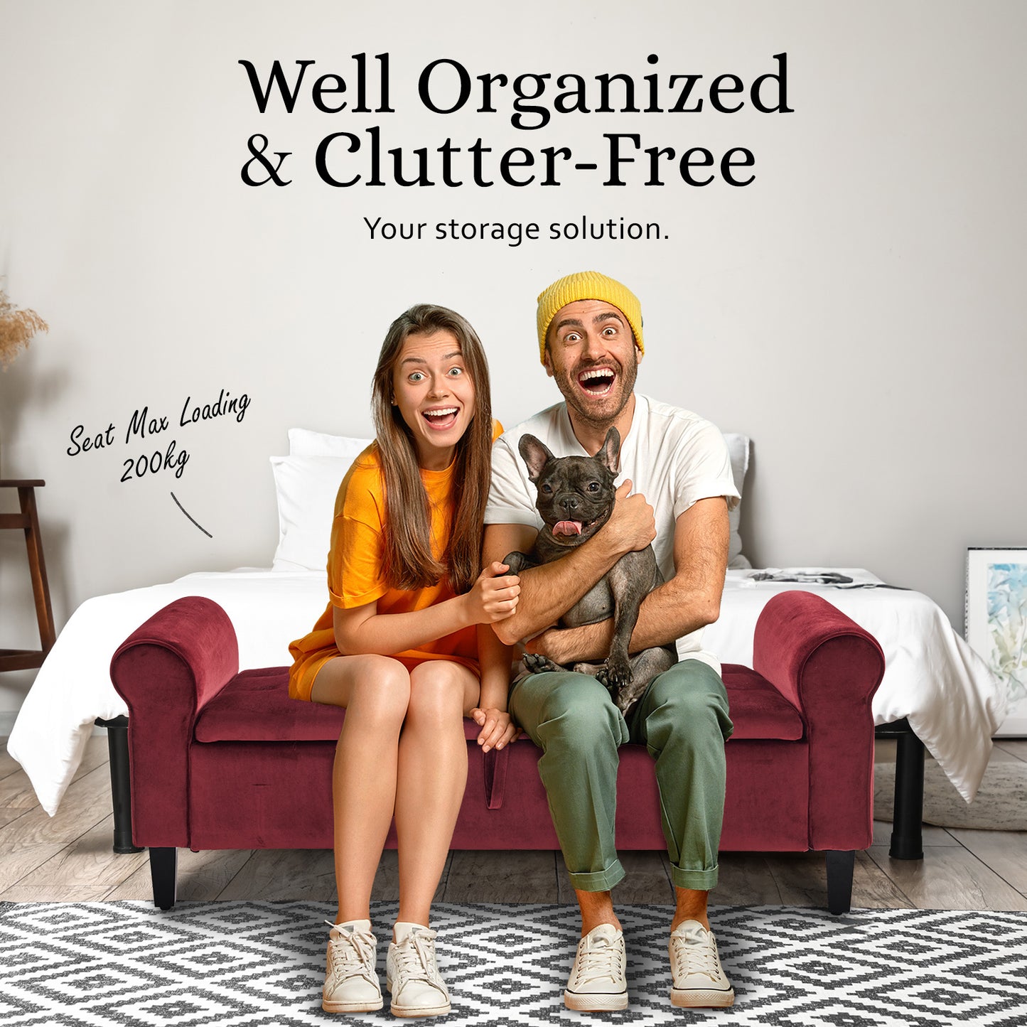 Storage Ottoman Stool Arm Bench Seat 132cm Velvet RED - Cosy Abode