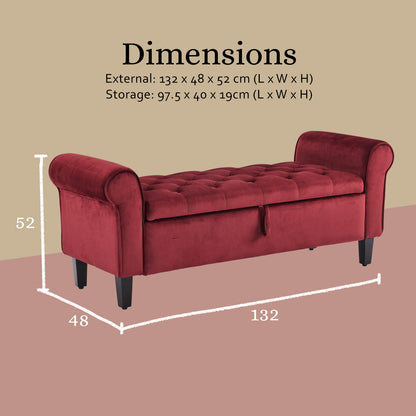 Storage Ottoman Stool Arm Bench Seat 132cm Velvet RED - Cosy Abode