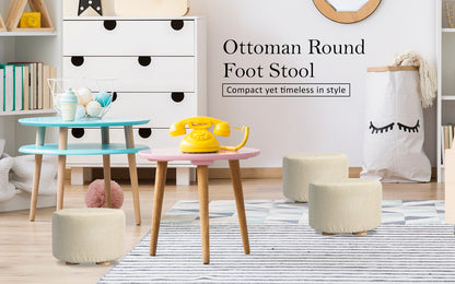 Fabric Ottoman Round Wooden Leg Foot Stool - BEIGE - Cosy Abode