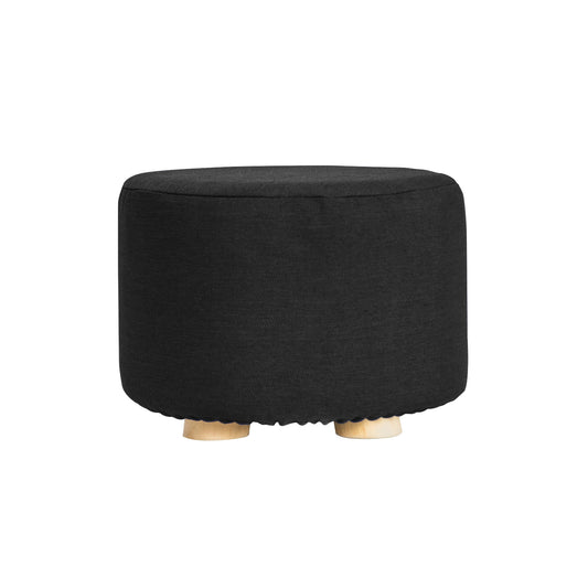Fabric Ottoman Round Wooden Leg Foot Stool - BLACK - Cosy Abode