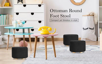 Fabric Ottoman Round Wooden Leg Foot Stool - BLACK - Cosy Abode