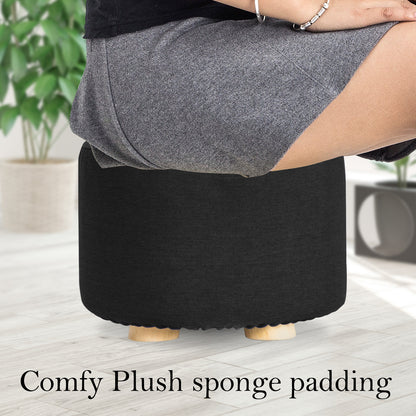 Fabric Ottoman Round Wooden Leg Foot Stool - BLACK - Cosy Abode