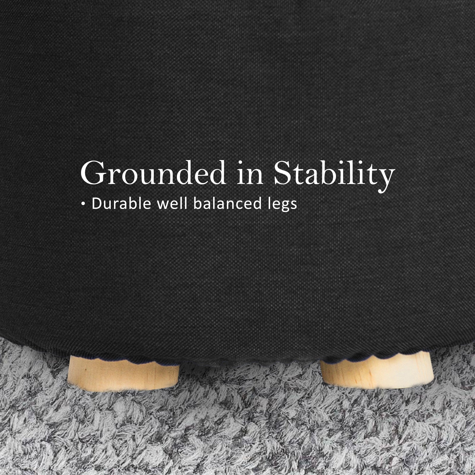 Fabric Ottoman Round Wooden Leg Foot Stool - BLACK - Cosy Abode