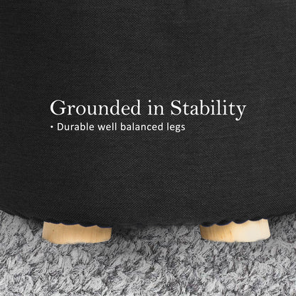 Fabric Ottoman Round Wooden Leg Foot Stool - BLACK - Cosy Abode