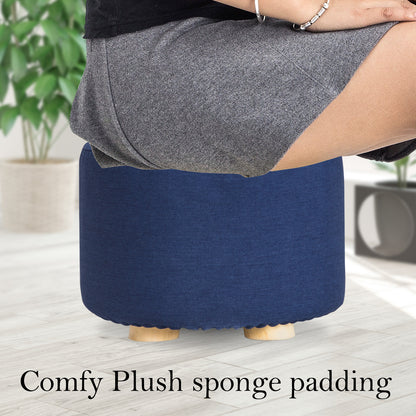 Fabric Ottoman Round Wooden Leg Foot Stool - DARK BLUE - Cosy Abode