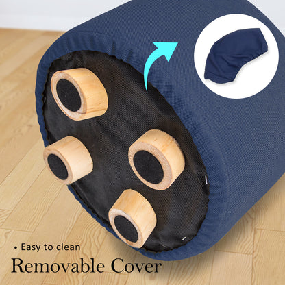 Fabric Ottoman Round Wooden Leg Foot Stool - DARK BLUE - Cosy Abode