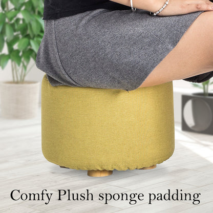 Fabric Ottoman Round Wooden Leg Foot Stool - MUSTARD YELLOW - Cosy Abode