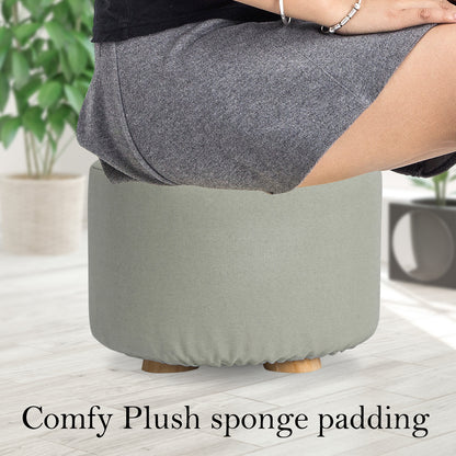 Fabric Ottoman Round Wooden Leg Foot Stool - GREY - Cosy Abode